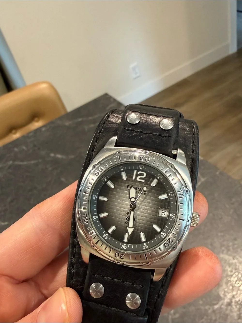 Fossil Blue AM-3676 men’s chunky strap leather black watch working READ